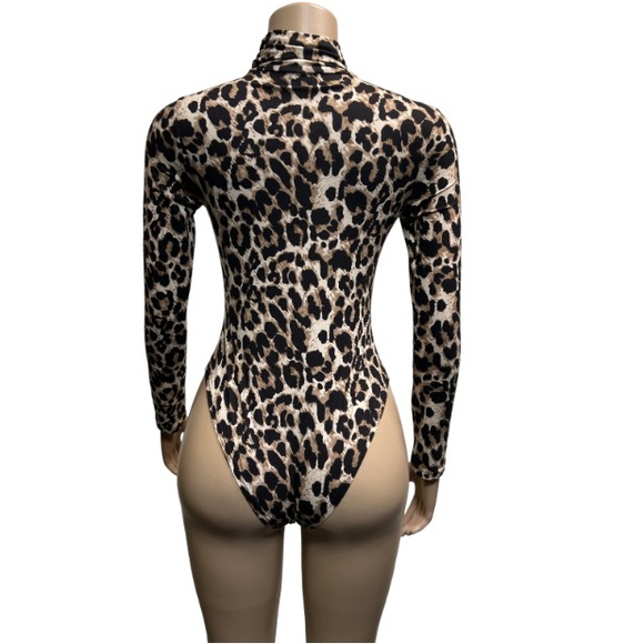Leopard Print Bodysuit Turtleneck Long Sleeve full bottom brown tan,black size L - Picture 5 of 17